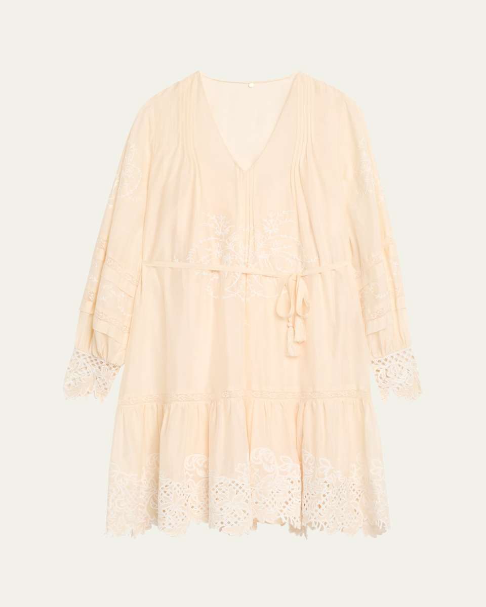 Sykora Embroidered Long-Sleeve Belted Dress